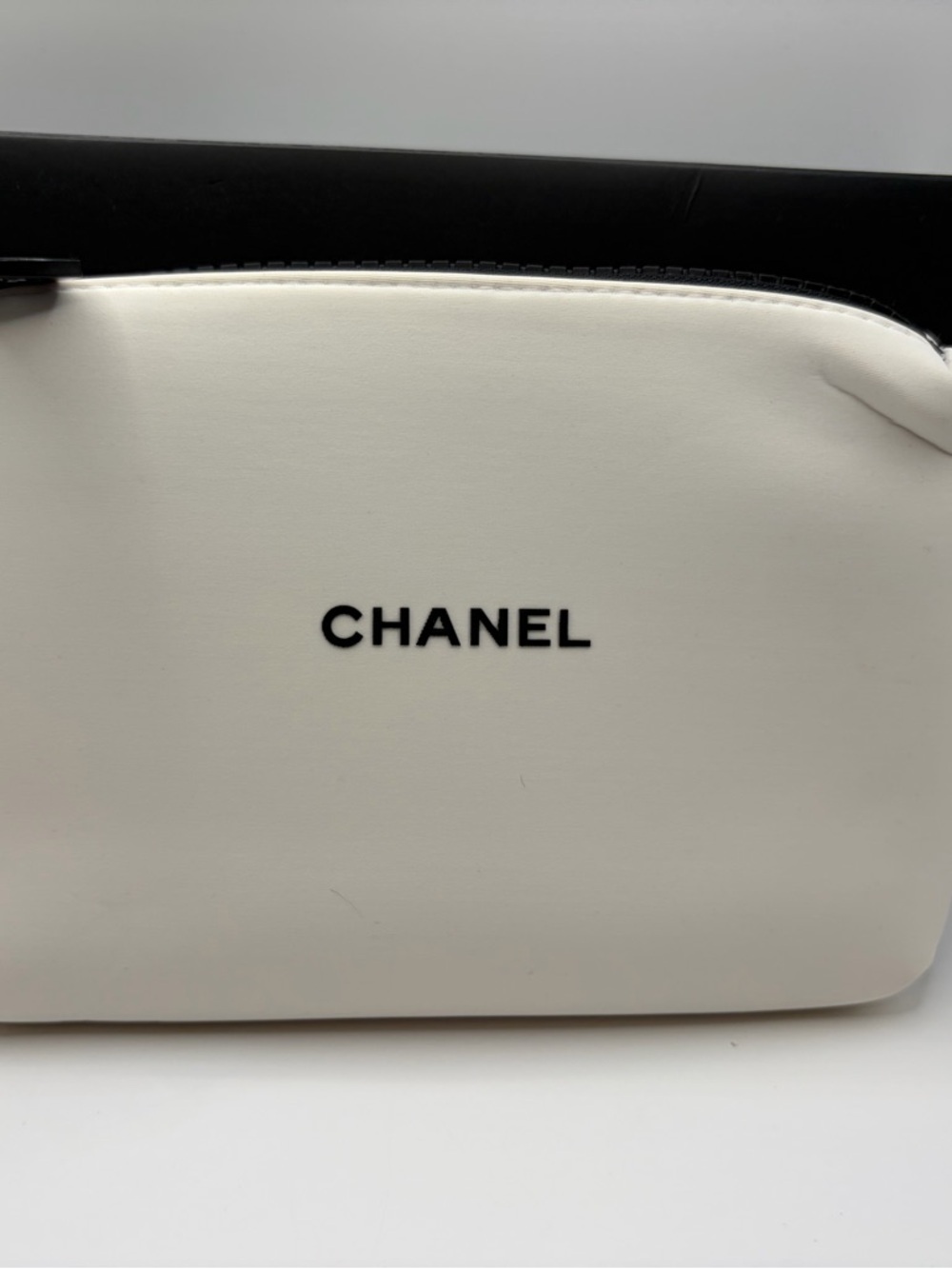 Designer Inspired Elegant White Cosmetic Pouch With Black Logo